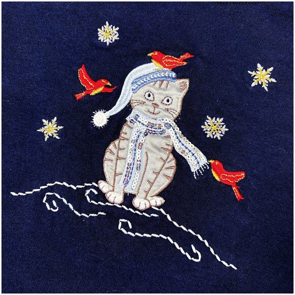 Embroidered Winter Holiday Cat Sweatshirt | Grannycore Christmas Navy Gray | XL - Picture 3 of 7